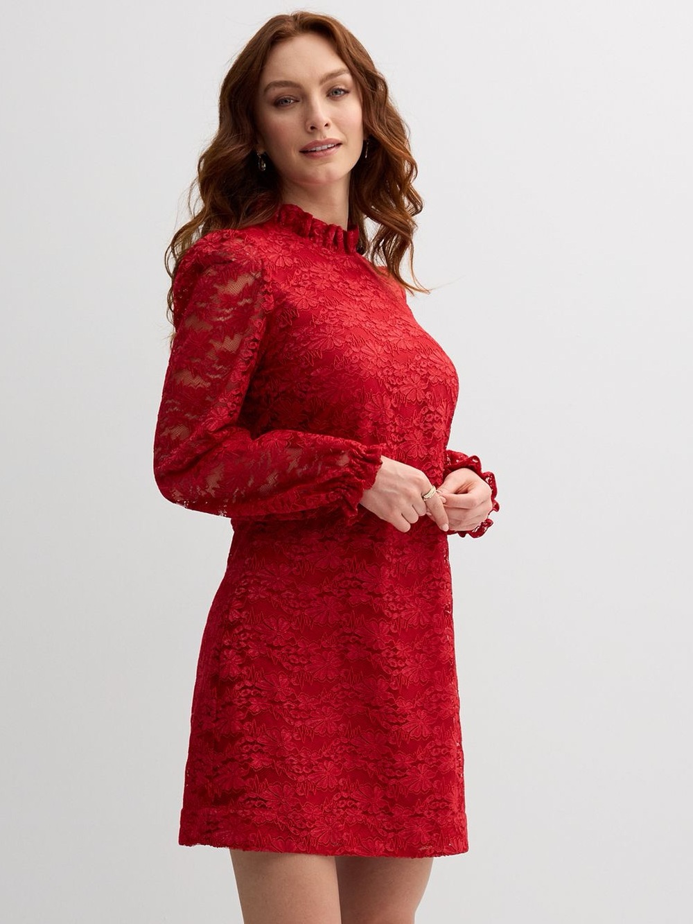 DRAPER JAMES Red Lace Long-Sleeve Mini Dress
